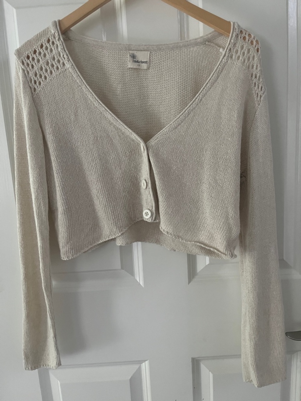 Stella Forest Crochet Cropped knit Cardigan Cream Sz Large